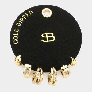 3 Pairs of Gold Dipped Stone Embellished Metal Hoop Pairs Earrings